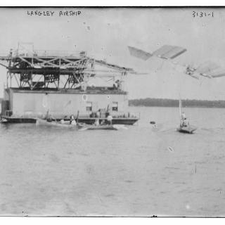 Samuel Langley's Aerodrome takes off over the Potomac River, October 7, 1903. It would promptly crash. (Source: Library of Congress)